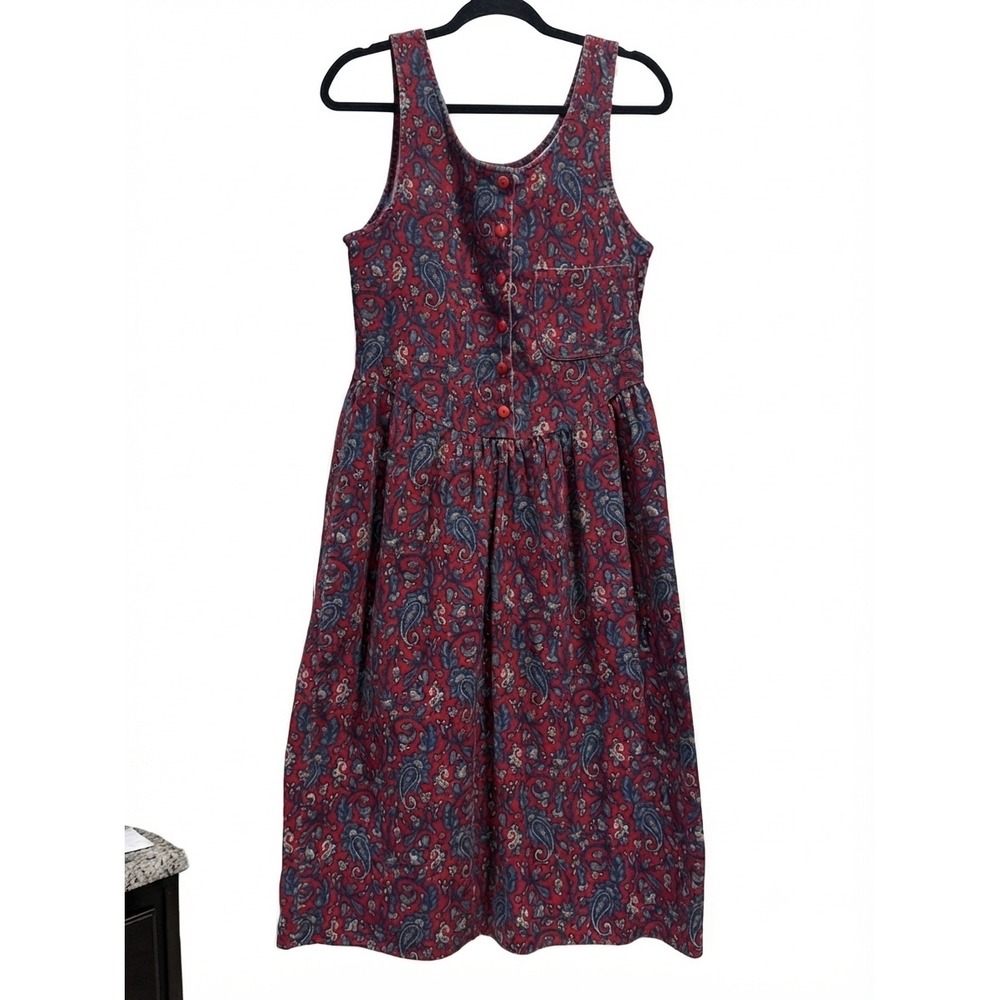 Vintage My Michelle Paisley Corduroy‎ Jumper Dress Red Midi Button Front 5/6 USA